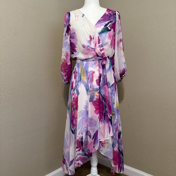 DKNY Women's Floral-Print Balloon-Sleeve Tie-Waist V-Neck Dress Size 12 - Picture 2 of 10